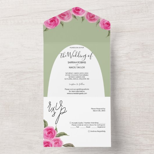 Elegant Romantic Roze Groene Waterverf Rozen All In One Uitnodiging (Binnen)