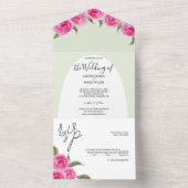 Elegant Romantic Roze Groene Waterverf Rozen All In One Uitnodiging (Binnen)