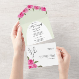 Elegant Romantic Roze Groene Waterverf Rozen All In One Uitnodiging