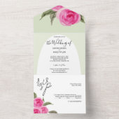 Elegant Romantic Roze Groene Waterverf Rozen All In One Uitnodiging (Binnen)