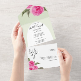Elegant Romantic Roze Groene Waterverf Rozen All In One Uitnodiging