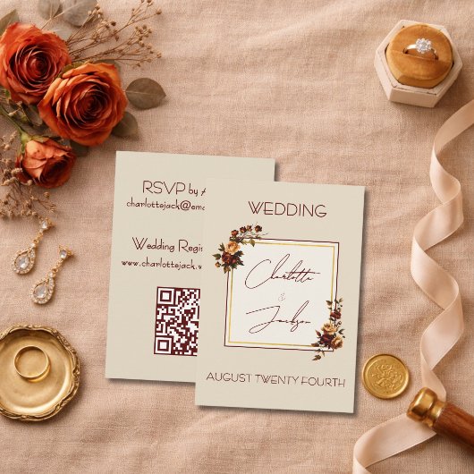 Elegant Romantic Rusty Rose Autumn Wedding Informatiekaartje