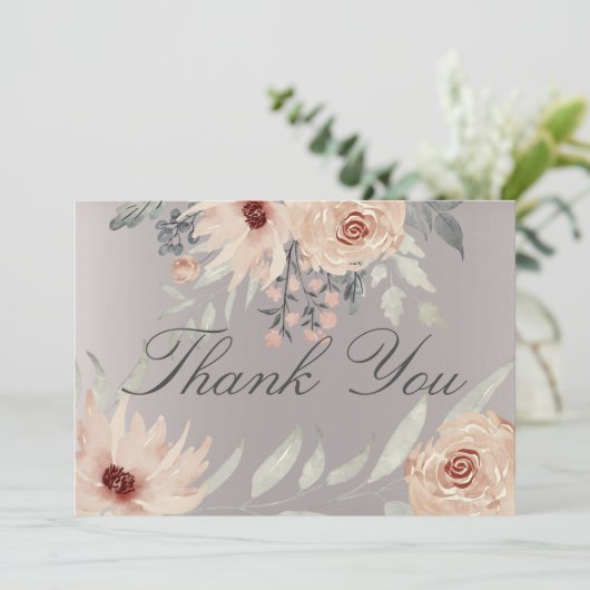 Elegant Romantic Silver Coral Floral Foto Weduwsch Bedankkaart (Staand voorkant)