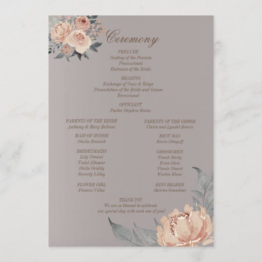 Elegant Romantic Silver Coral Floral Wedding Programmakaart (Achterkant)