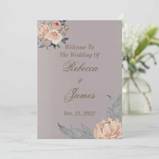 Elegant Romantic Silver Coral Floral Wedding Programmakaart (Staand voorkant)