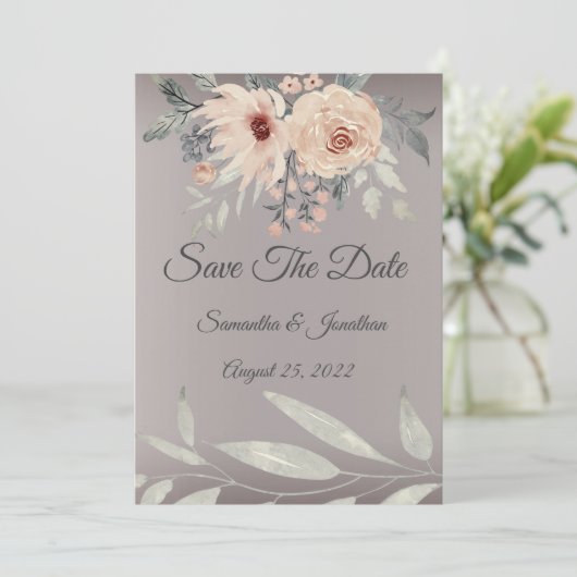 Elegant Romantic Silver Pink Floral Save the Date Kaart (Staand voorkant)