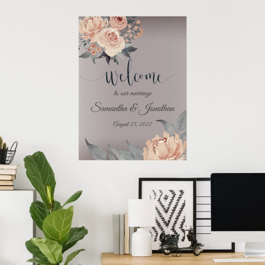 Elegant Romantic Silver Pink Floral Wedding Poster (Thuiskantoor)