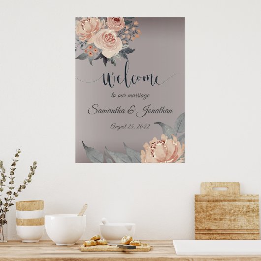 Elegant Romantic Silver Pink Floral Wedding Poster (Keuken)