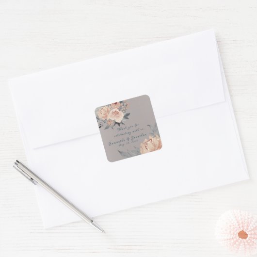 Elegant Romantic Silver Pink Floral Wedding Vierkante Sticker (Envelop)