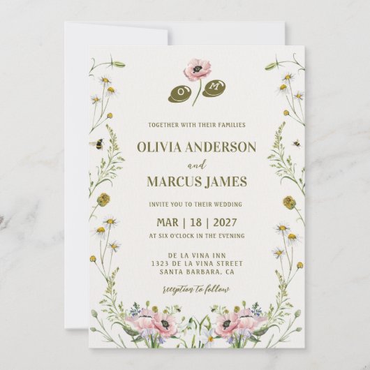 Elegant Romantic Spring Wildflower Wedding Kaart (Voorkant)
