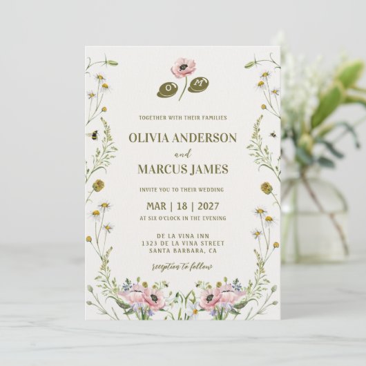 Elegant Romantic Spring Wildflower Wedding Kaart (Staand voorkant)