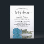 Elegant Romantic Turquoise Blue Roos Vrijgezellenf Kaart<br><div class="desc">Deze prachtige bruiddoucheuitnodiging bevat een foto van één enkel blauw, turquoise of azuurgekleurd roos met lange steeltjes aan de zijkant, dat reflecteert in een pool van water met golven en rimpels. De elegante titel van de manuscriptkalligrafie leent klasse en stijl. Omvat informatie over zowel de douche als het cadeauregister. De...</div>