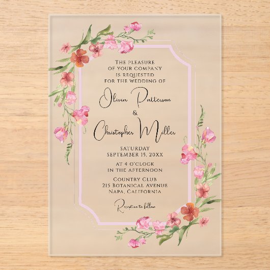 Elegant Romantic Waterverf Floral Wedding Acryl Uitnodigingen (Voorkant)