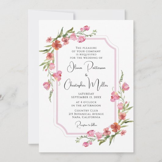 Elegant Romantic Waterverf Floral Wedding Kaart (Voorkant)