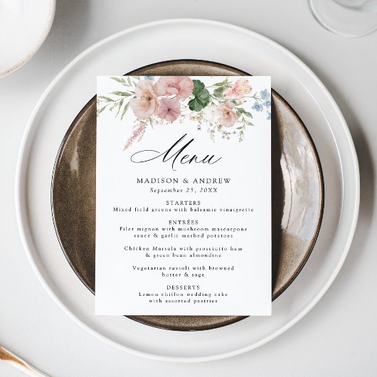 Elegant Romantic Waterverf Floral Wedding Menu