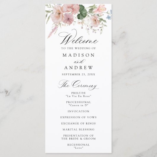 Elegant Romantic Waterverf Floral Wedding Programmakaart (Voorkant)