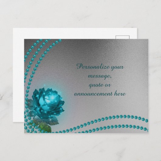 Elegant & Romantisch Blauw Roos & Parels Personali Aankondigingskaart (Voorkant / Achterkant)