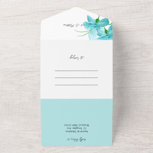 Elegant Romantisch Blauw Waterverf Iris All In One Uitnodiging (Buitenkant)