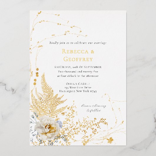 Elegant Romantisch Bloemen Waterverf Bruiloft Goud Folie Uitnodiging (Voorkant)