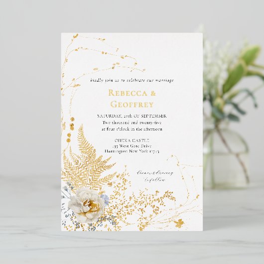 Elegant Romantisch Bloemen Waterverf Bruiloft Goud Folie Uitnodiging (Staand Voorkant)