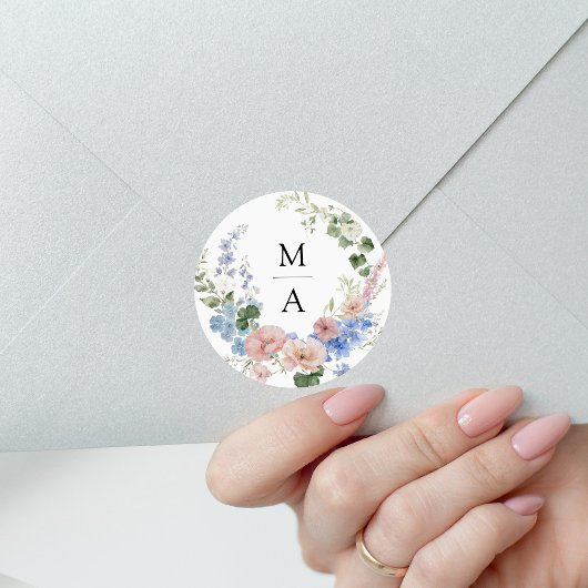 Elegant Romantisch Bloemstuk Monogram Bruiloft Ronde Sticker