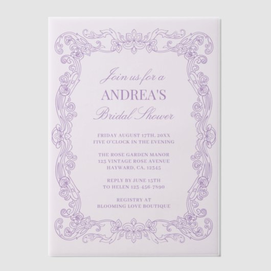 Elegant  romantisch lavendel Vrijgezellenfeest Vellum Uitnodigingen (Voorkant)