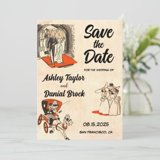Elegant Romantisch Paar Comic Book Save the Date Kaart (Staand voorkant)