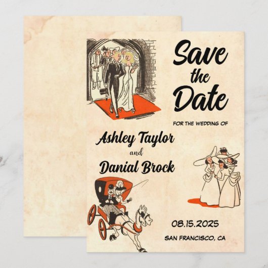 Elegant Romantisch Paar Comic Book Save the Date Kaart (Voorkant / Achterkant)