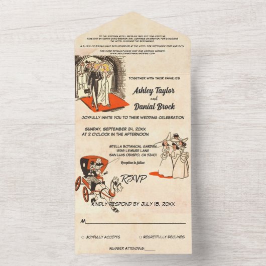 Elegant romantisch paar stripverhaal-thema bruilof all in one uitnodiging (Binnen)