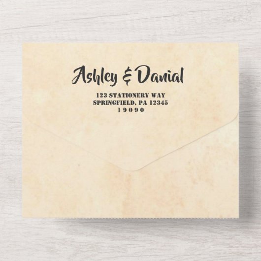 Elegant romantisch paar stripverhaal-thema bruilof all in one uitnodiging (Achterkant)