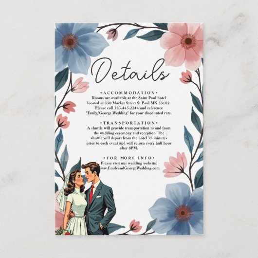 Elegant Romantisch Paar Waterverf Bloemenbruiloft Informatiekaartje (Voorkant)