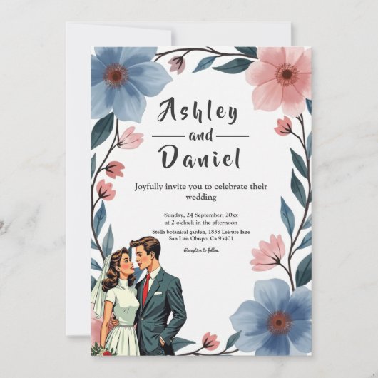 Elegant Romantisch Paar Waterverf Bloemenbruiloft Kaart (Voorkant)