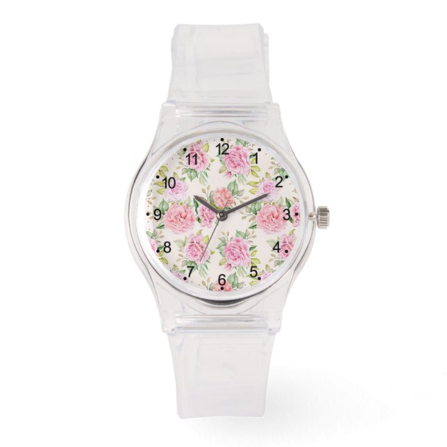 Elegant Romantisch Roos Bloemmotief Horloge (Voorkant)