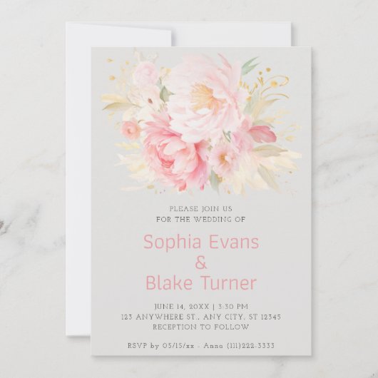 Elegant Romantisch Roze Bloemen Platina Bruiloft Kaart (Voorkant)