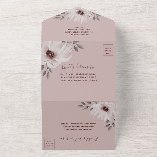 Elegant & Romantisch Roze Waterverf Bloemenbruilof All In One Uitnodiging (Buitenkant)