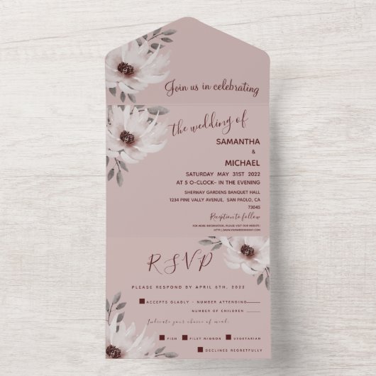 Elegant & Romantisch Roze Waterverf Bloemenbruilof All In One Uitnodiging (Binnen)