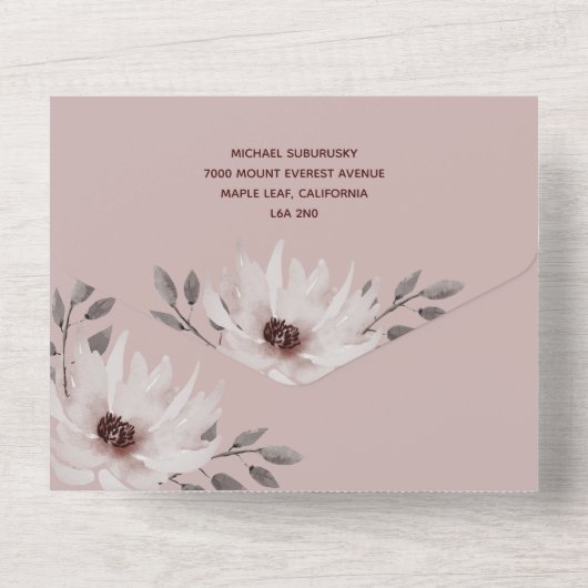 Elegant & Romantisch Roze Waterverf Bloemenbruilof All In One Uitnodiging (Achterkant)