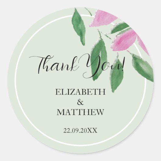 Elegant Romantisch Roze Wildbloemen Waterverf Kuns Ronde Sticker (Voorkant)