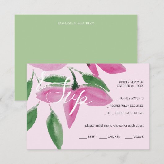 Elegant Romantisch Roze Wildbloemen Waterverf Kuns RSVP Kaartje (Voorkant / Achterkant)