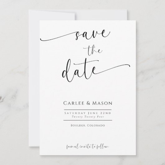 Elegant romantisch script zwart-wit bruiloft save the date (Voorkant)