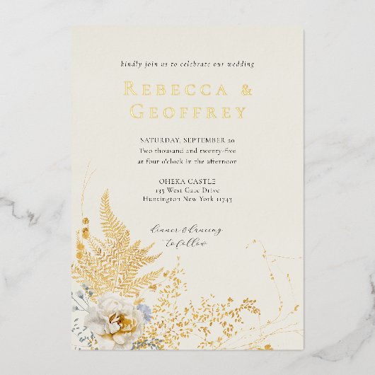 Elegant Romantisch Varen Roos Bloemen Bruiloft Gou Folie Uitnodiging (Voorkant)