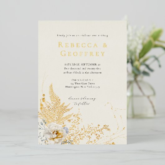 Elegant Romantisch Varen Roos Bloemen Bruiloft Gou Folie Uitnodiging (Staand Voorkant)