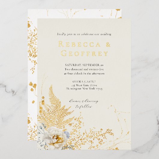 Elegant Romantisch Varen Roos Bloemen Bruiloft Gou Folie Uitnodiging (Voorkant / Achterkant)