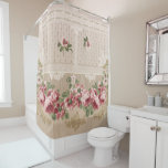 Elegant Romantisch Victoriaans Roze Bloemen Douchegordijn<br><div class="desc">Mooie sprays van roze rozen en posies verfraaid met ecru bladeren,  rollen en decoratieve versiering en verticale kralen patroon op donkere ecru achtergrond.</div>