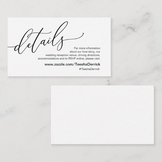 Elegant romantisch, zwart, onze huwelijksgegevens informatiekaartje (Voorkant / Achterkant)