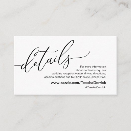 Elegant romantisch, zwart, onze huwelijksgegevens informatiekaartje (Voorkant)