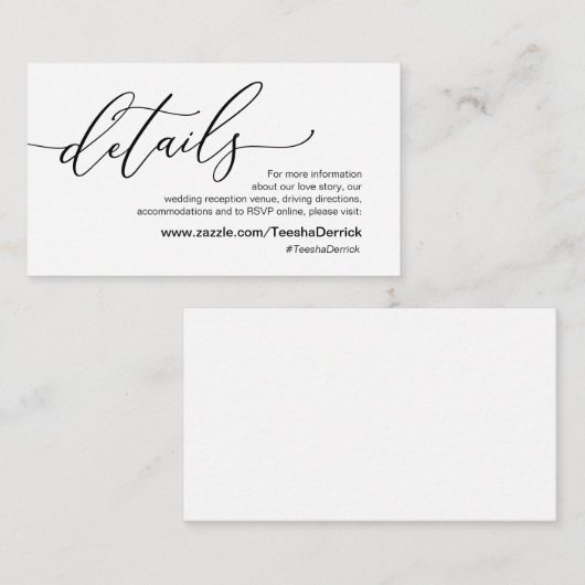 Elegant romantisch, zwart, onze huwelijksgegevens informatiekaartje (Voorkant / Achterkant)