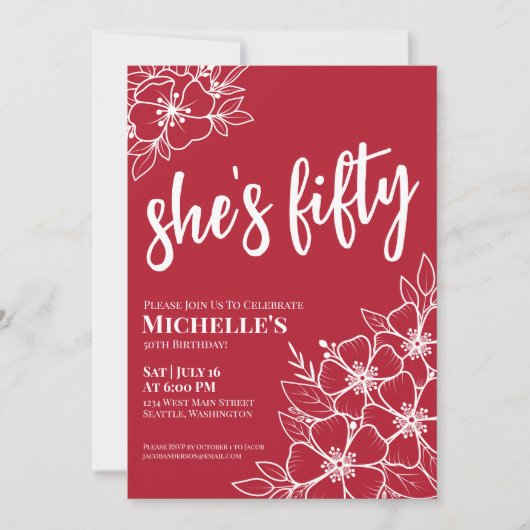 Elegant rood 50ste verjaardagsfeest kaart (Voorkant)