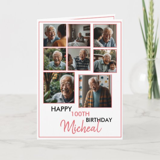 Elegant Rood 8 Fotocollage 100e verjaardag Kaart (Voorkant)