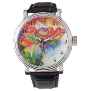 Elegant rood abstract bloemenschilderij waterverf horloge